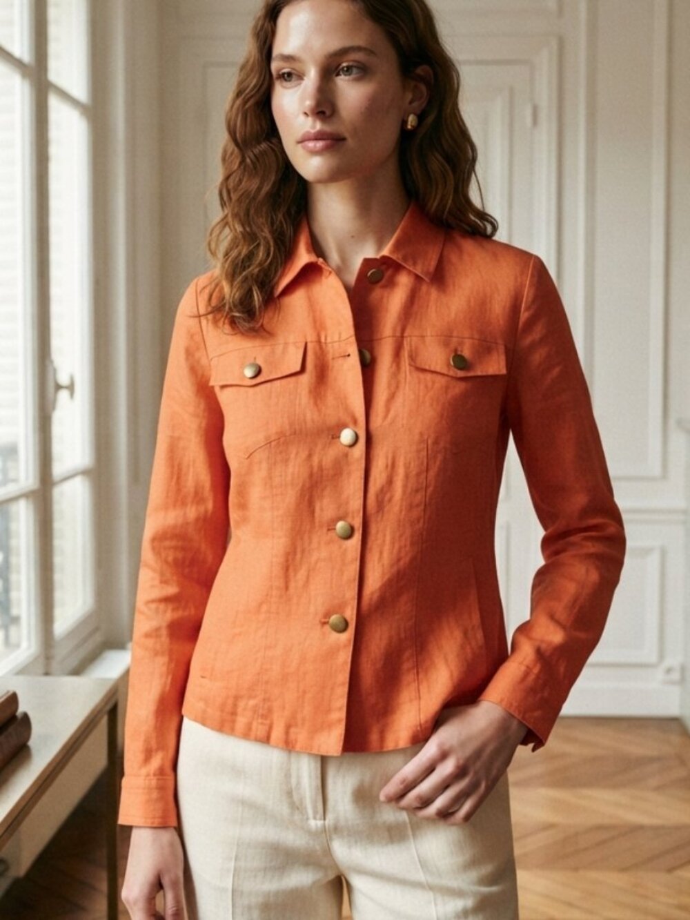 metrostyle Orange 100% Linen Utility Button-Front Jacket Size 6